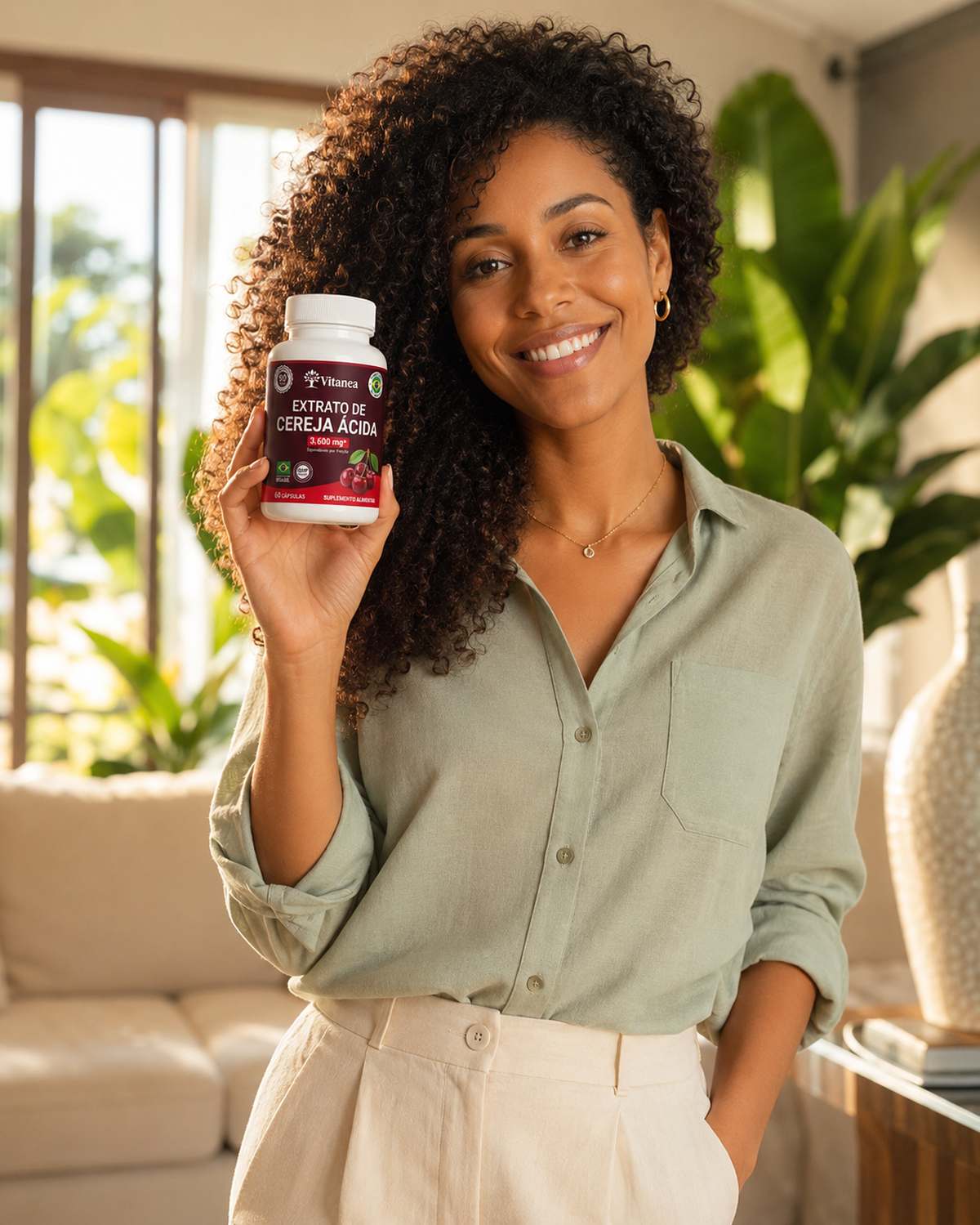 Mulher brasileira sorrindo em casa, segurando o frasco VITANEA Cereja Ácida, luz da manhã e plantas tropicais ao fundo
